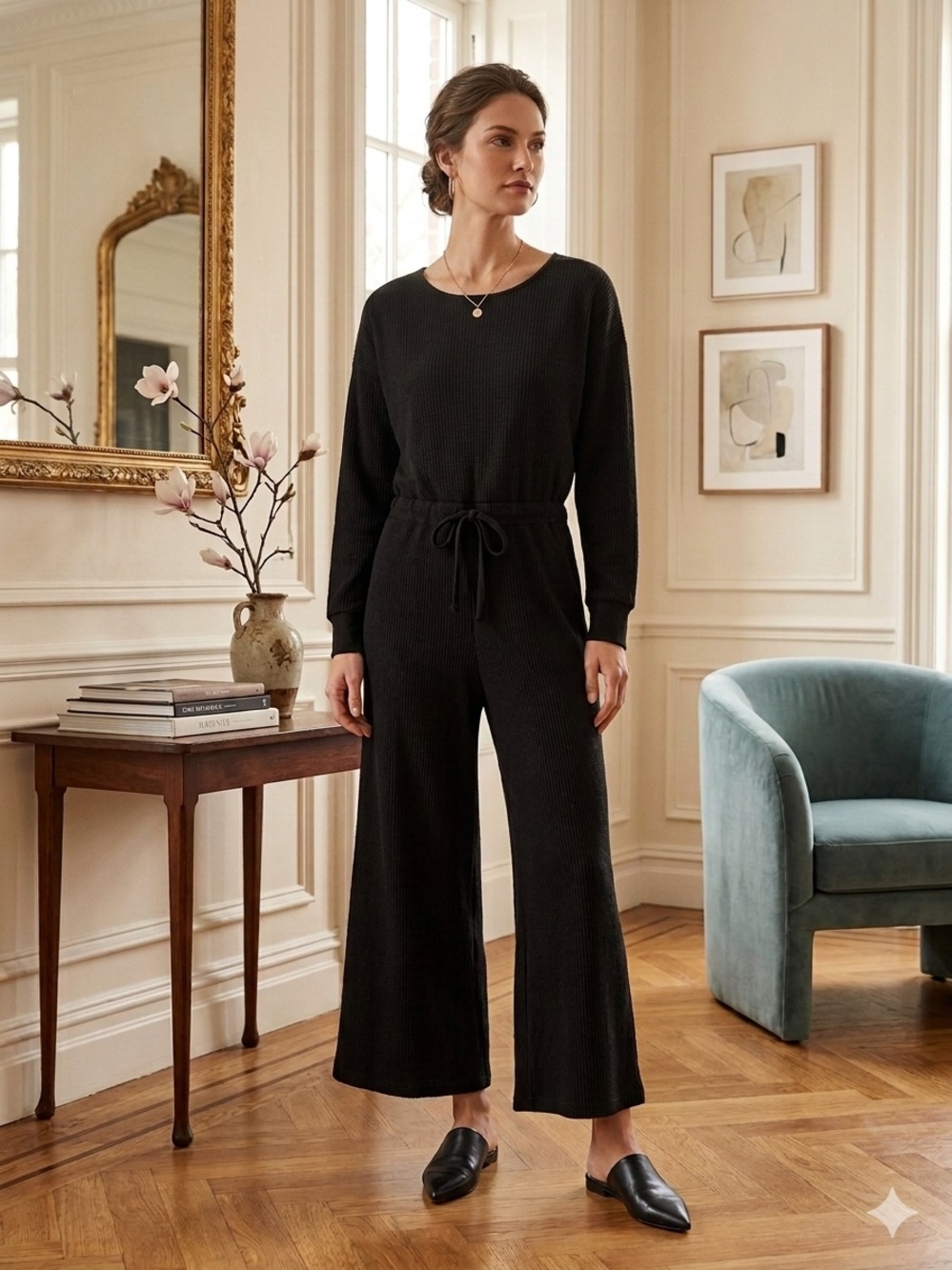 SPANX AirEssentials Black Long-Sleeve Wide-Leg Jumpsuit NWOT Size LP